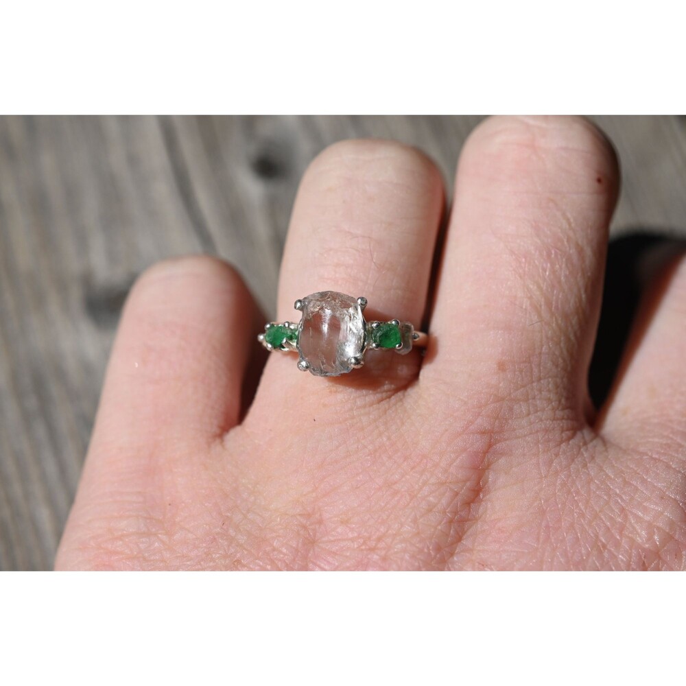 Raw Diamond Emerald Engagement Ring Rough Uncut Anniversary Silver Rustic dainty